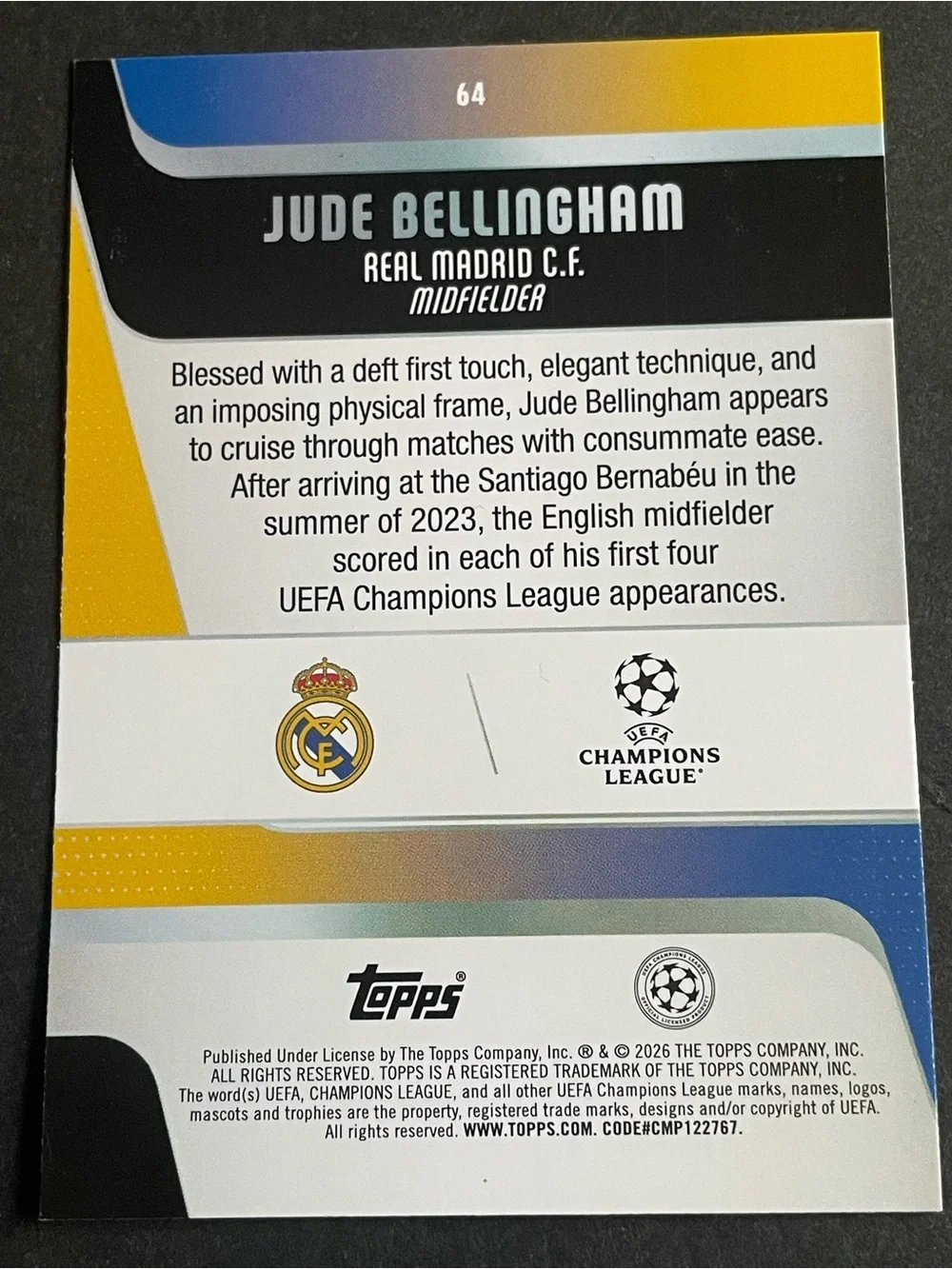 2025-26 Topps UEFA Club Competitions - Jude Bellingham #64 Real Madrid Base Card - Picture 5 of 7